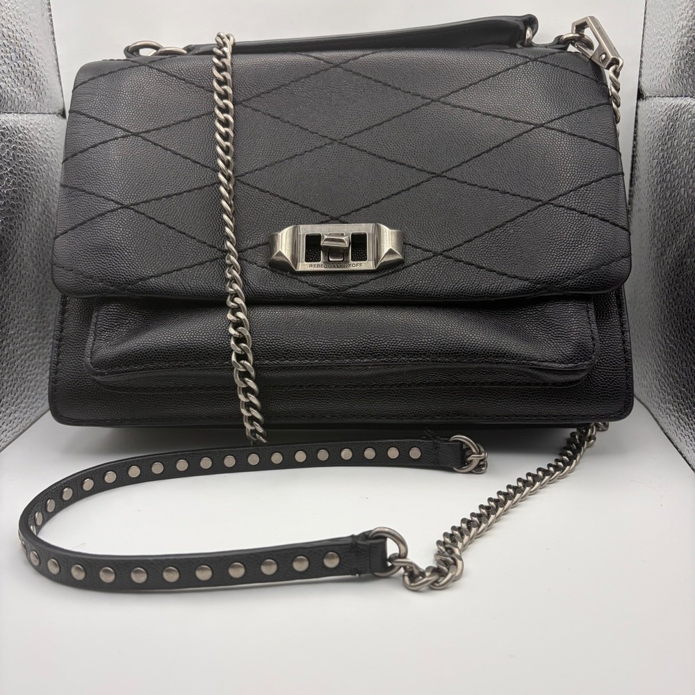 Rebecca Minkoff Black Pebbled Leather Quilted Shoulder Crossbody Bag Chain